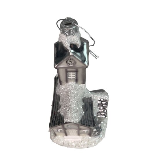 Silver Church Christmas Blown Glass Ornament With Glitter Snow Accents - Picture 7 of 8